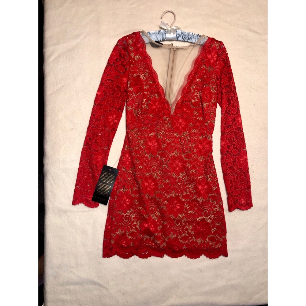 Bebe red/ coral plunging long sleeve lace dress